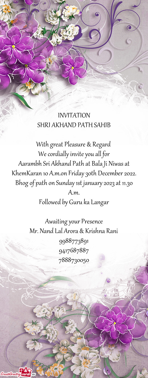 Aarambh Sri Akhand Path at Bala Ji Niwas at KhemKaran 10 A.m.on Friday 30th December 2022