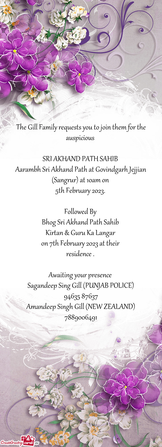 Aarambh Sri Akhand Path at Govindgarh Jejjian (Sangrur) at 10am on