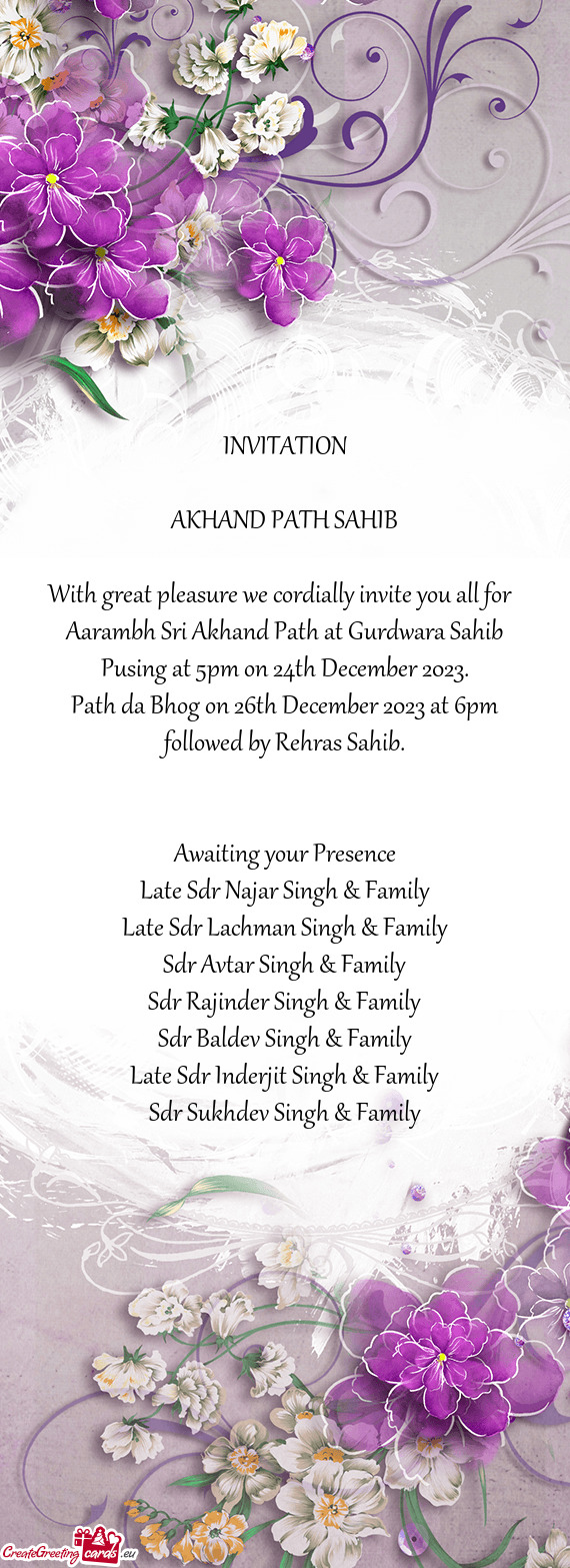 Aarambh Sri Akhand Path at Gurdwara Sahib Pusing at 5pm on 24th December 2023