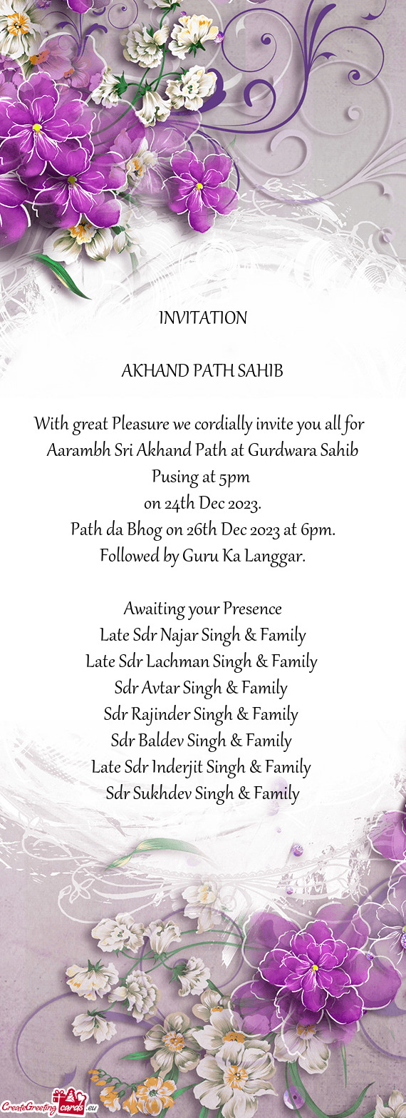 Aarambh Sri Akhand Path at Gurdwara Sahib Pusing at 5pm