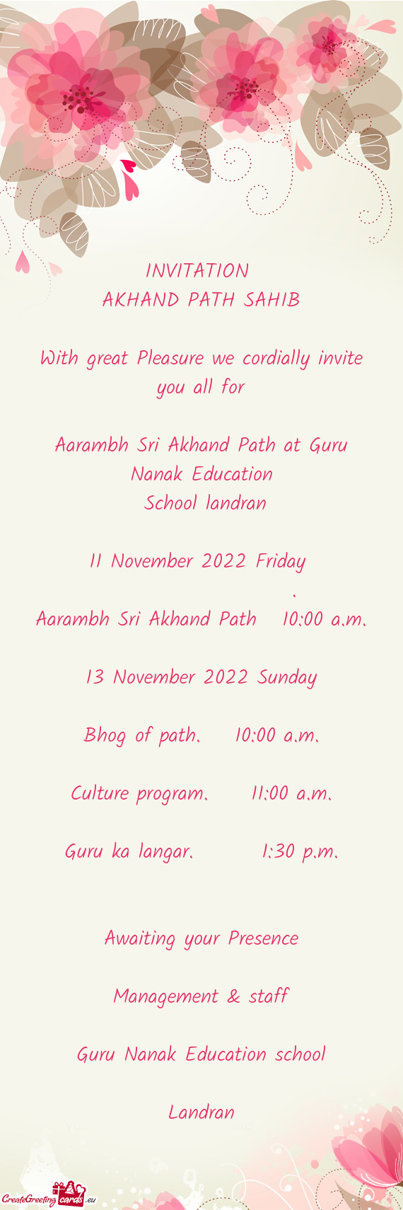 Aarambh Sri Akhand Path at Guru Nanak Education