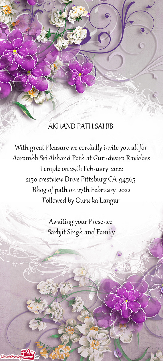 Aarambh Sri Akhand Path at Gurudwara Ravidass Temple on 25th February 2022