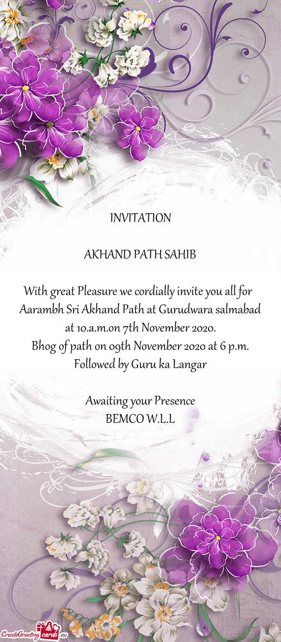 Aarambh Sri Akhand Path at Gurudwara salmabad at 10.a.m.on 7th November 2020