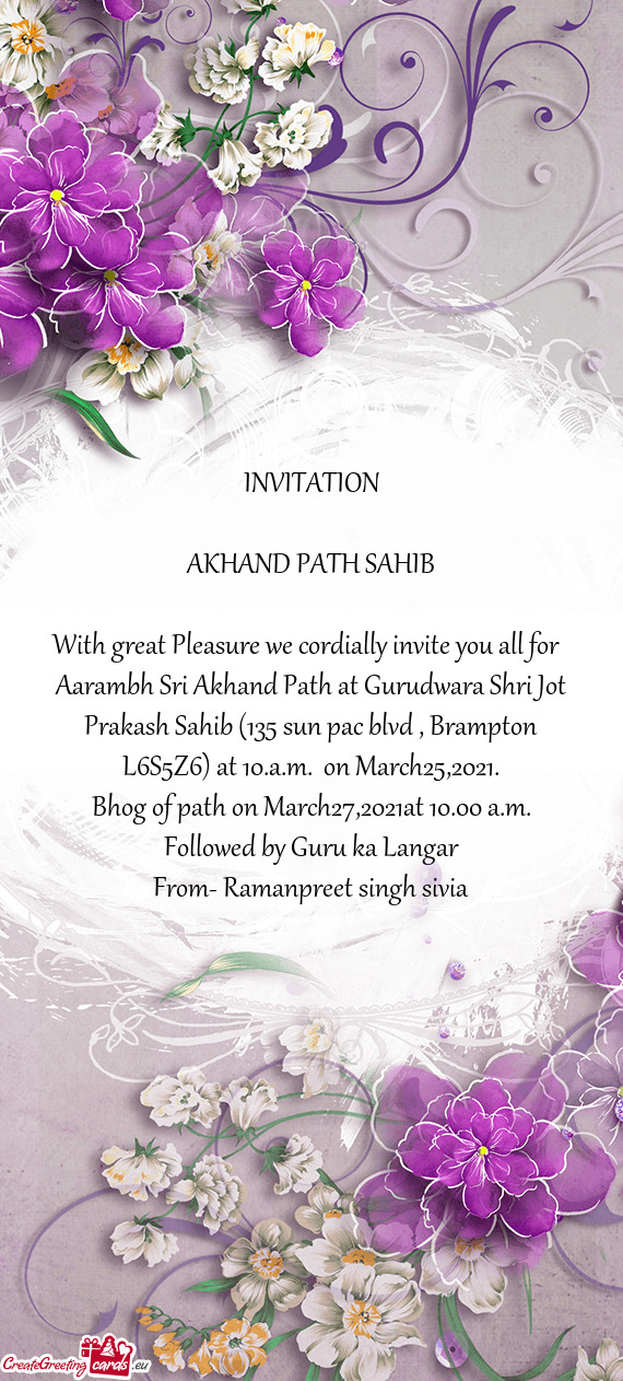 Aarambh Sri Akhand Path at Gurudwara Shri Jot Prakash Sahib (135 sun pac blvd , Brampton L6S5Z6) at