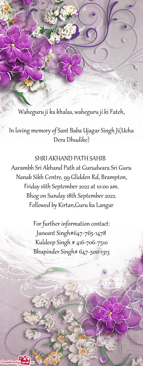 Aarambh Sri Akhand Path at Gurudwara Sri Guru Nanak Sikh Centre, 99 Glidden Rd, Brampton, Friday 16t