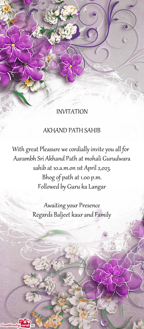 Aarambh Sri Akhand Path at mohali Gurudwara sahib at 10.a.m.on 1st April 2,023