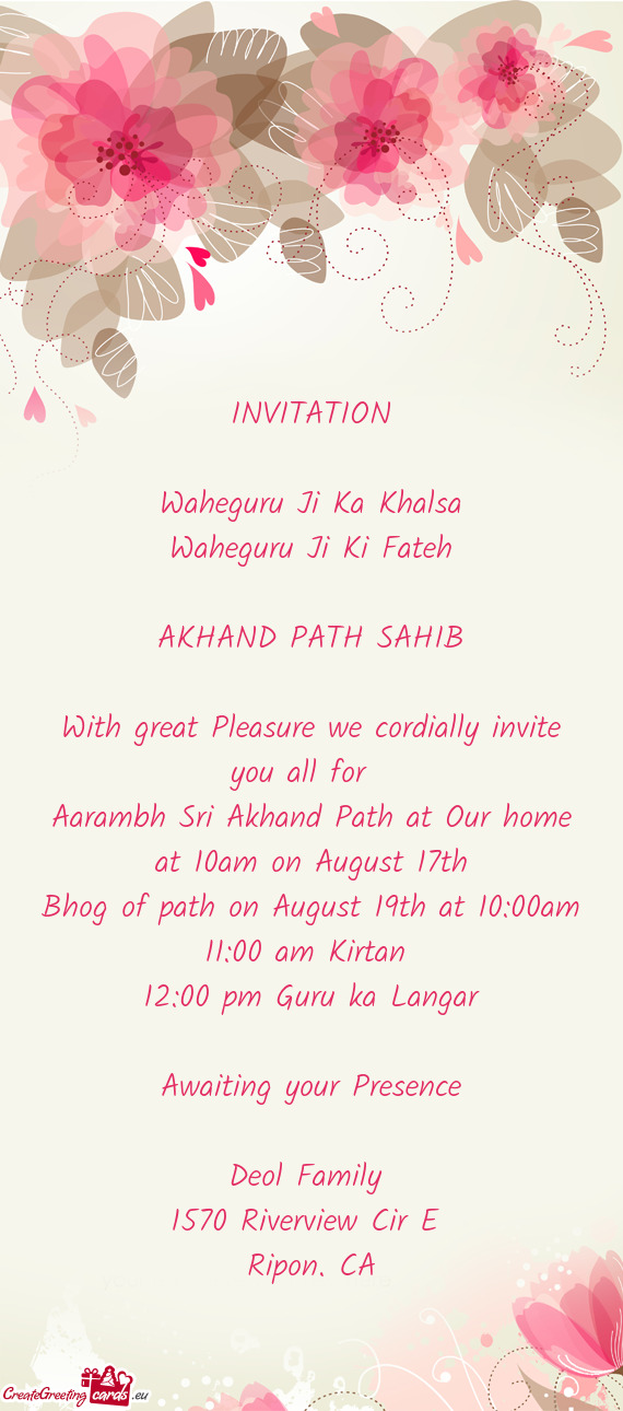 Aarambh Sri Akhand Path at Our home at 10am on August 17th