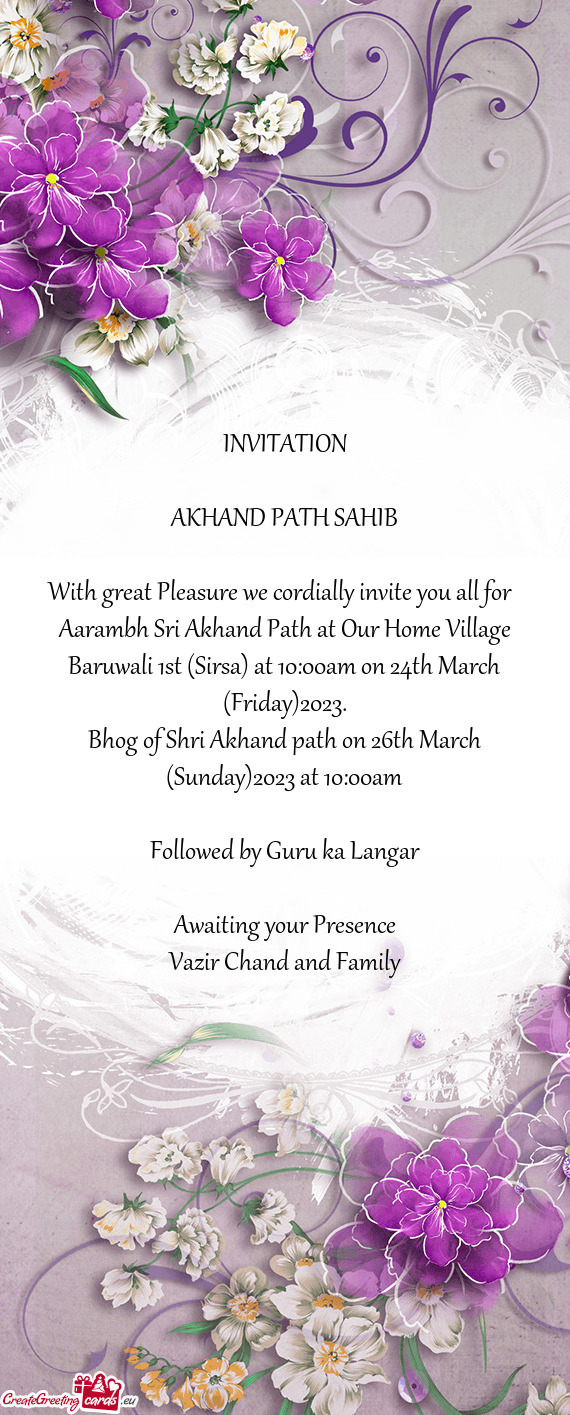 Aarambh Sri Akhand Path at Our Home Village Baruwali 1st (Sirsa) at 10:00am on 24th March (Friday)20