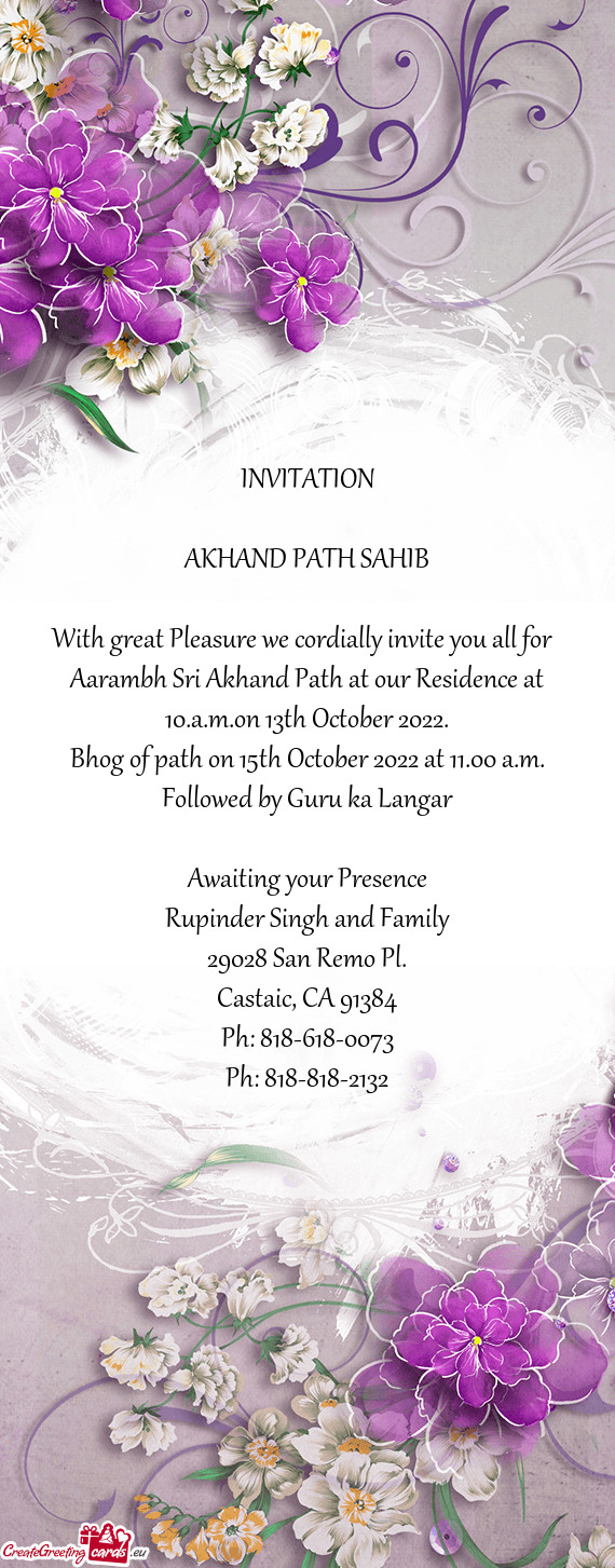 Aarambh Sri Akhand Path at our Residence at 10.a.m.on 13th October 2022