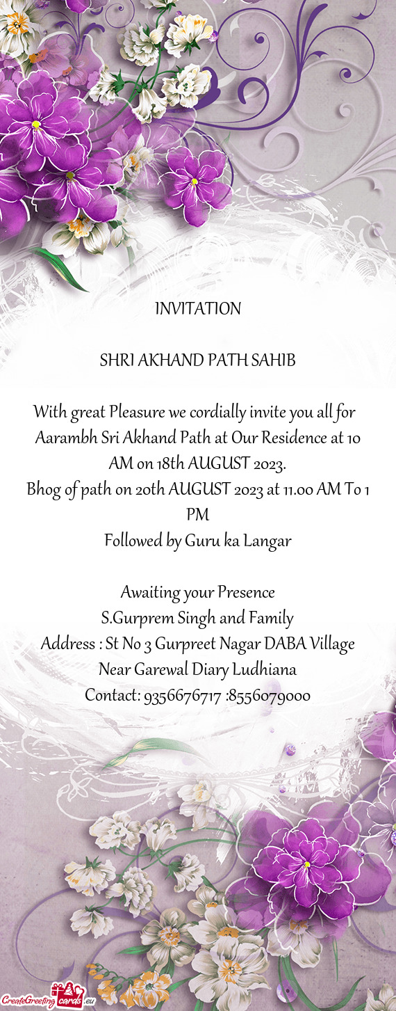Aarambh Sri Akhand Path at Our Residence at 10 AM on 18th AUGUST 2023