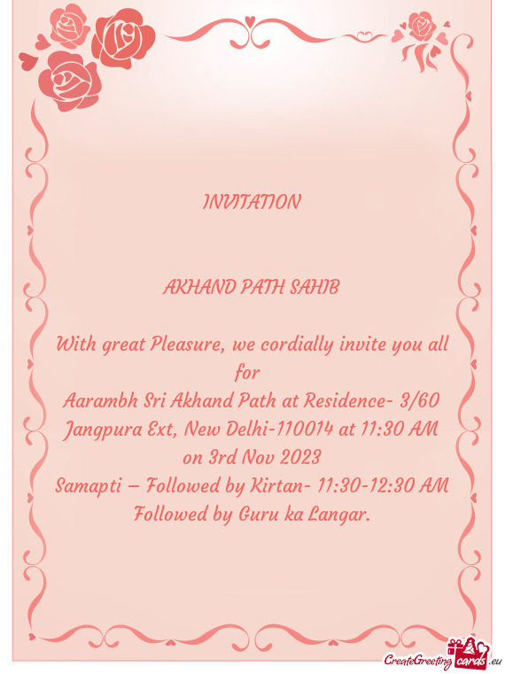 Aarambh Sri Akhand Path at Residence- 3/60 Jangpura Ext, New Delhi-110014 at 11:30 AM on 3rd Nov 202