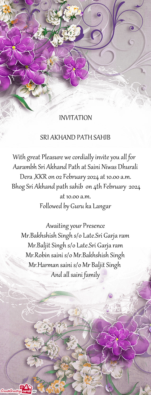 Aarambh Sri Akhand Path at Saini Niwas Dhurali Dera ,KKR on 02 February 2024 at 10.00 a.m