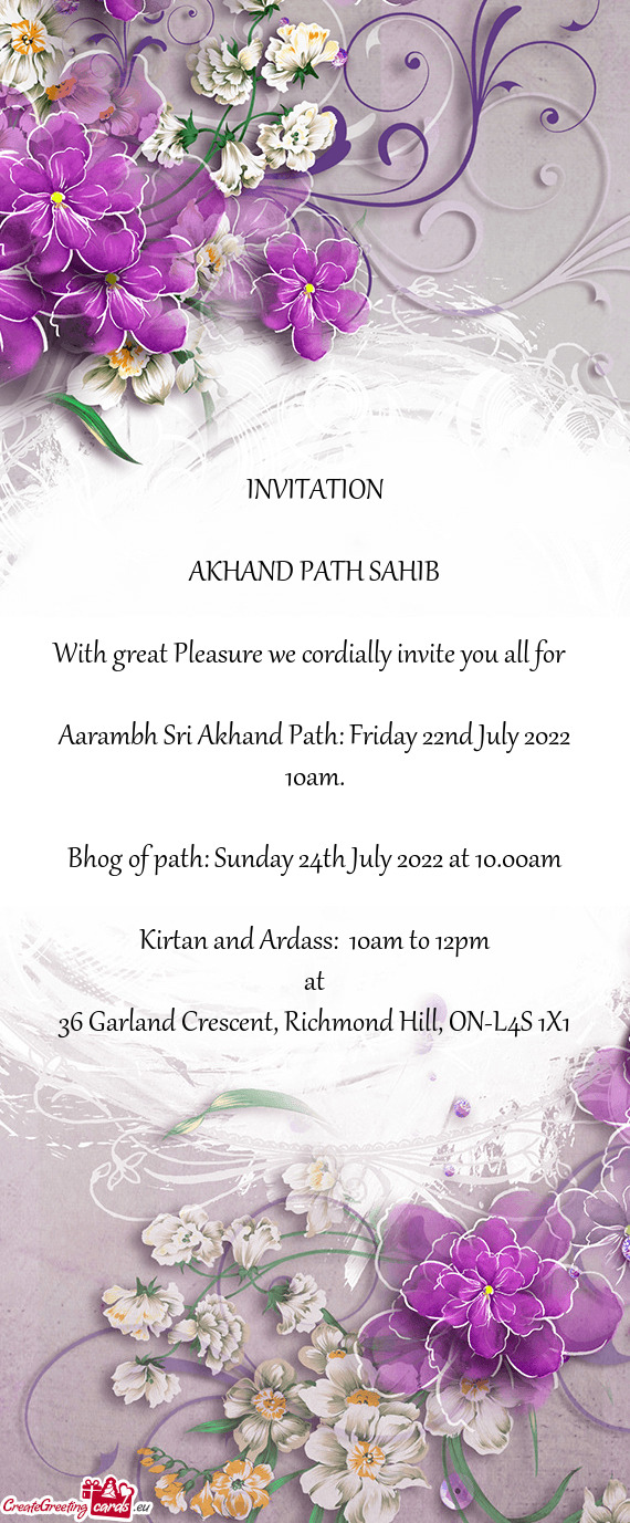 Aarambh Sri Akhand Path: Friday 22nd July 2022 10am