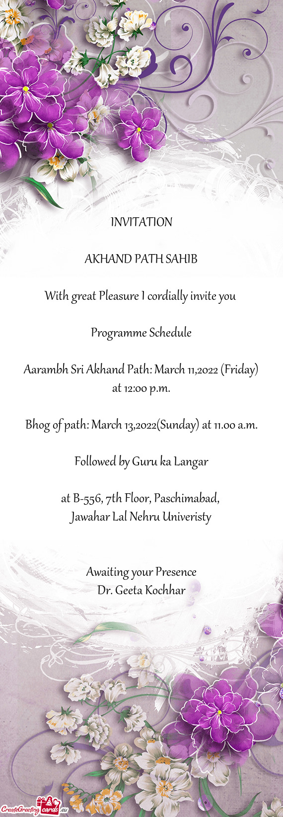 Aarambh Sri Akhand Path: March 11,2022 (Friday)