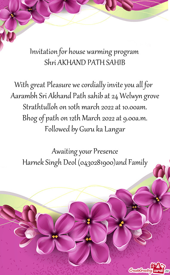 Aarambh Sri Akhand Path sahib at 24 Welwyn grove Strathtulloh on 10th march 2022 at 10.00am