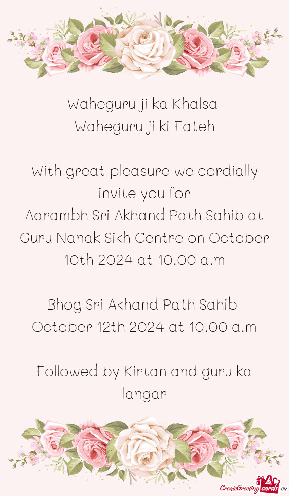 Aarambh Sri Akhand Path Sahib at Guru Nanak Sikh Centre on October 10th 2024 at 10.00 a.m