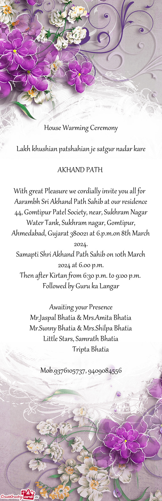 Aarambh Sri Akhand Path Sahib at our residence 44, Gomtipur Patel Society, near, Sukhram Nagar Water