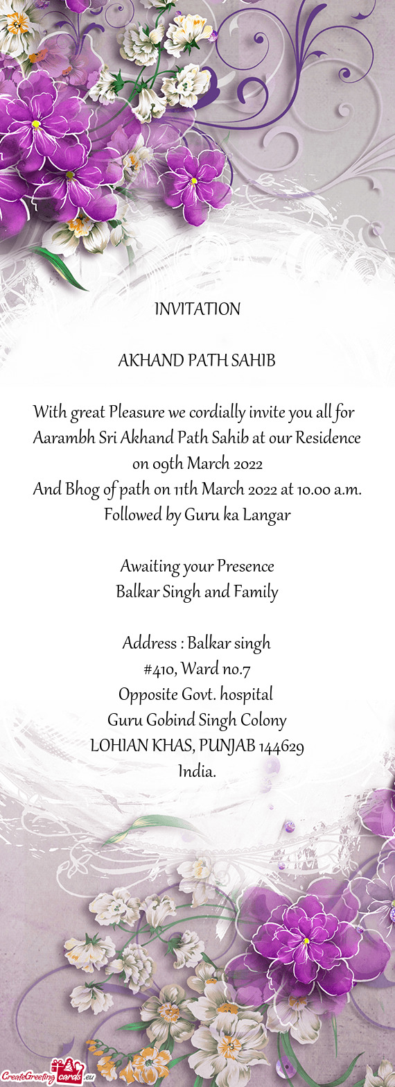 Aarambh Sri Akhand Path Sahib at our Residence on 09th March 2022