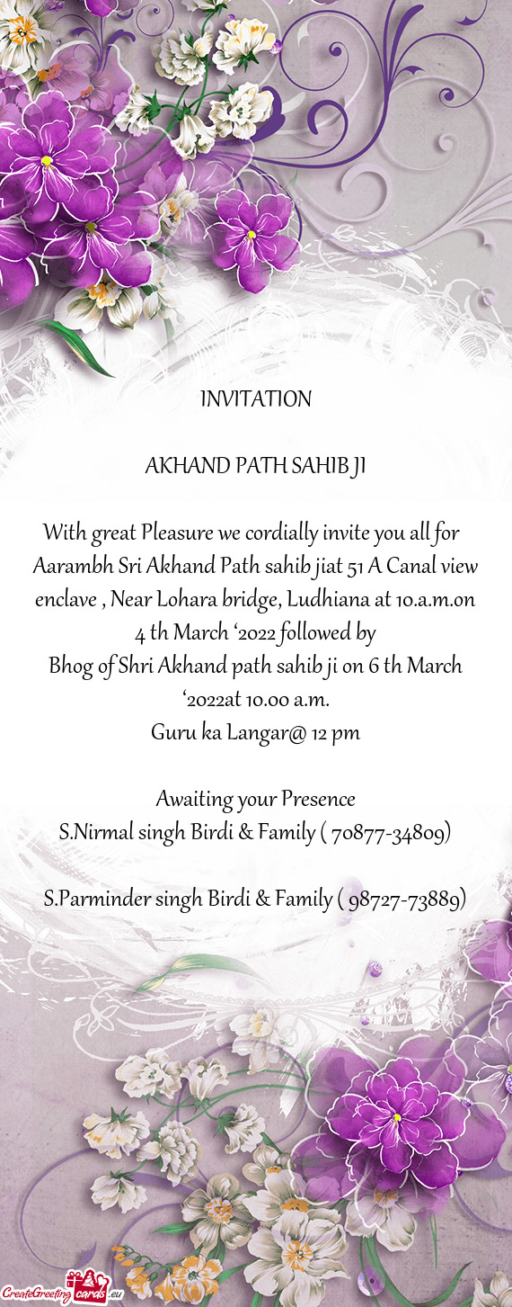 Aarambh Sri Akhand Path sahib jiat 51 A Canal view enclave , Near Lohara bridge, Ludhiana at 10.a.m