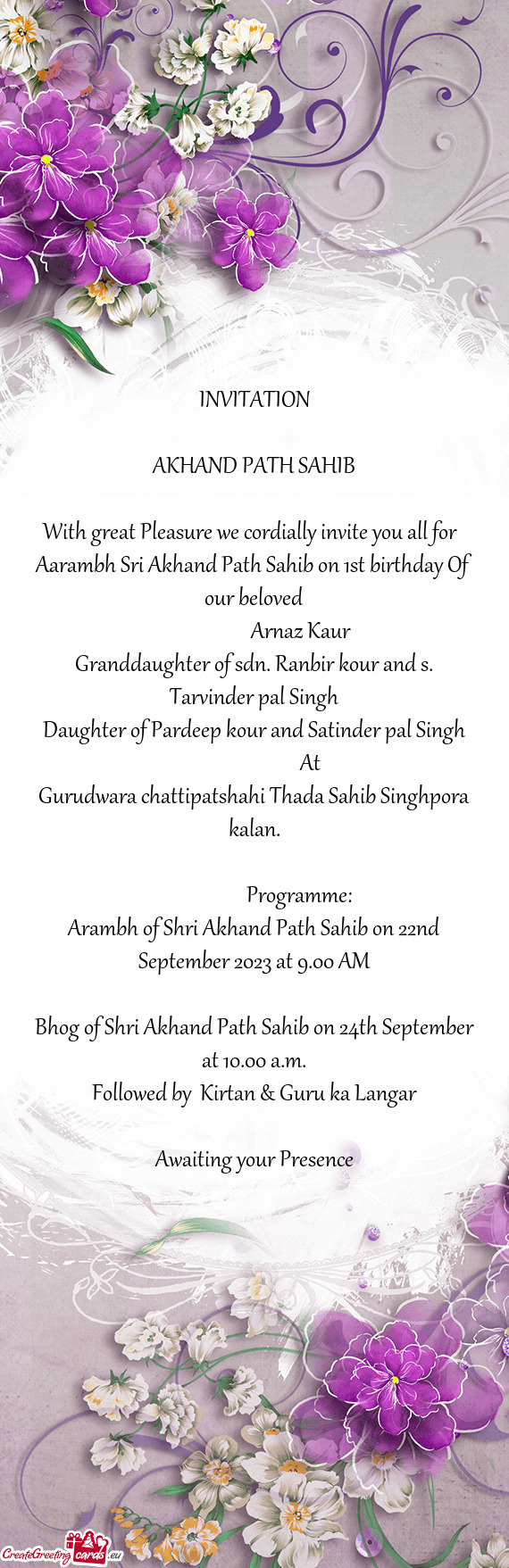 Aarambh Sri Akhand Path Sahib on 1st birthday Of our beloved