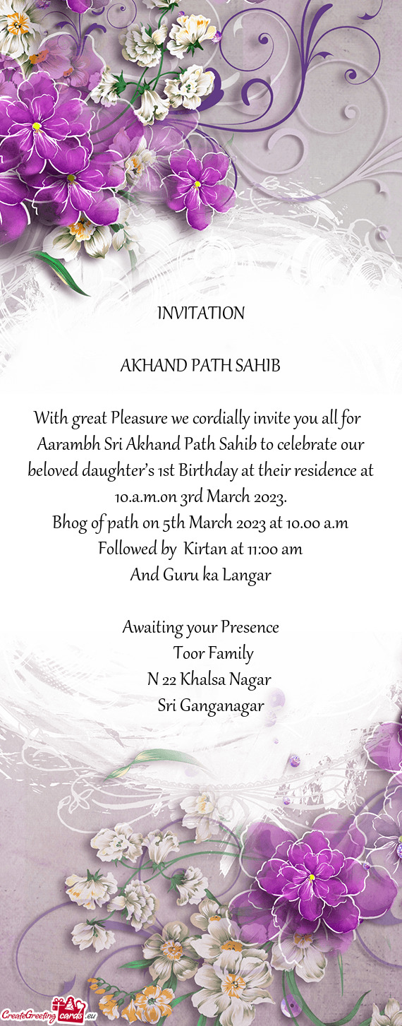 Aarambh Sri Akhand Path Sahib to celebrate our beloved daughter’s 1st Birthday at their residence