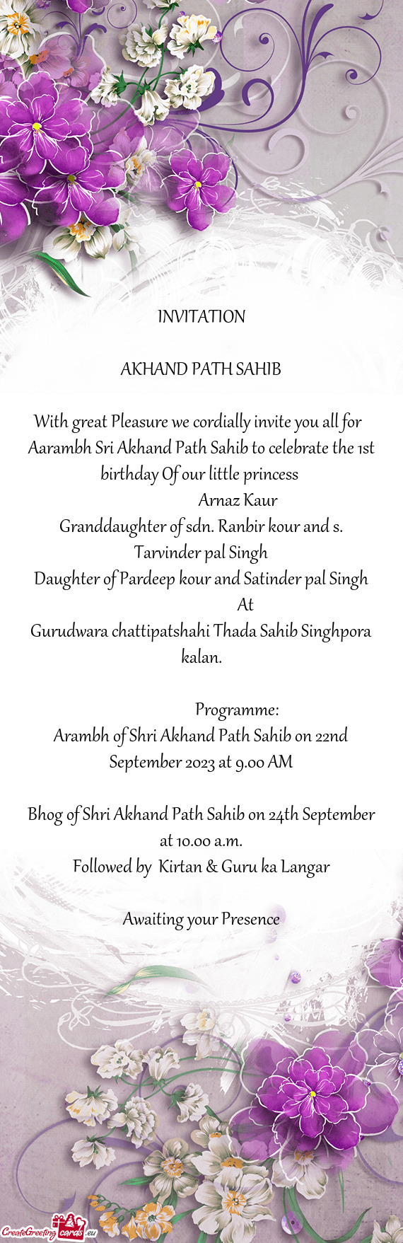 Aarambh Sri Akhand Path Sahib to celebrate the 1st birthday Of our little princess