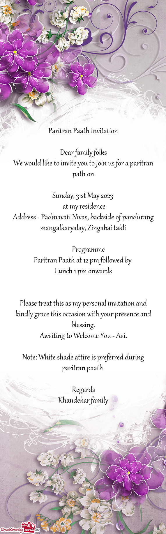 Address - Padmavati Nivas, backside of pandurang mangalkaryalay, Zingabai takli