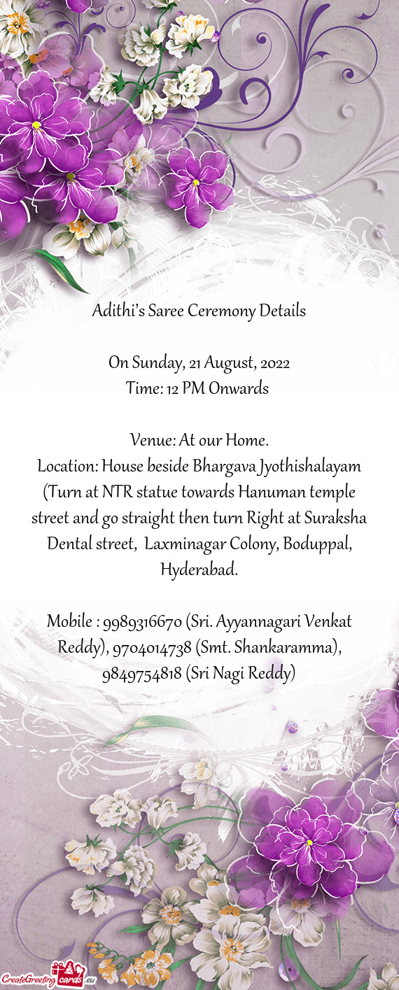 Adithi’s Saree Ceremony Details