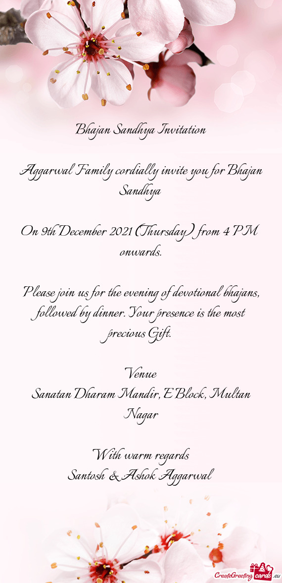 Aggarwal Family cordially invite you for Bhajan Sandhya