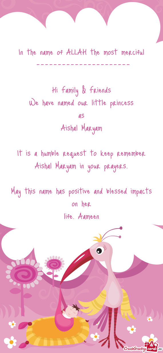 Aishal Maryam in your prayers