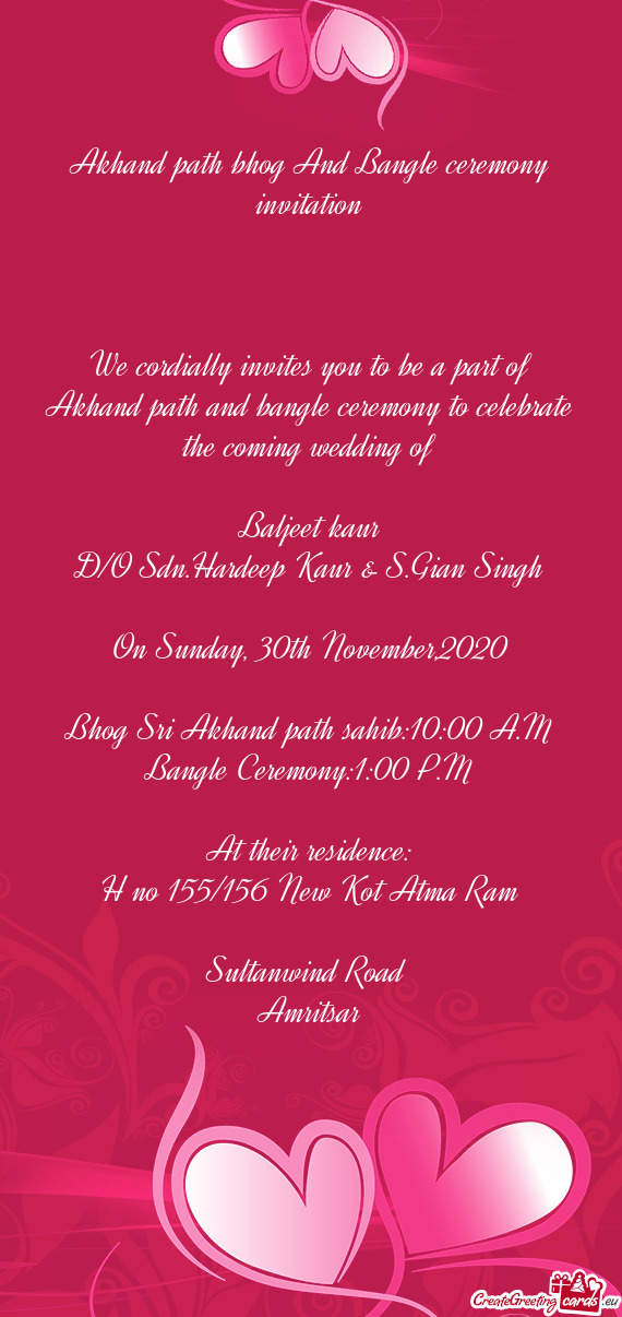 Akhand path bhog And Bangle ceremony invitation