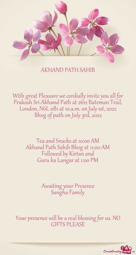 Akhand Path Sahib Bhog at 11:00 AM