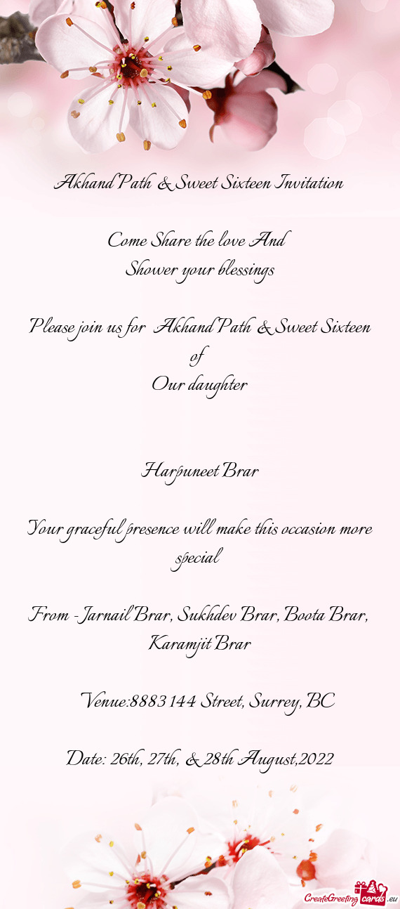 Akhand Path & Sweet Sixteen Invitation