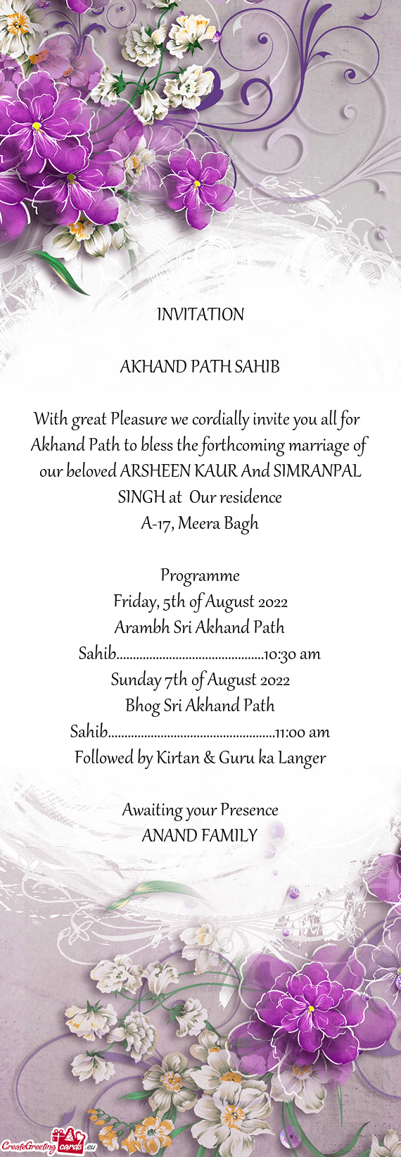 Akhand Path to bless the forthcoming marriage of our beloved ARSHEEN KAUR And SIMRANPAL SINGH at Ou