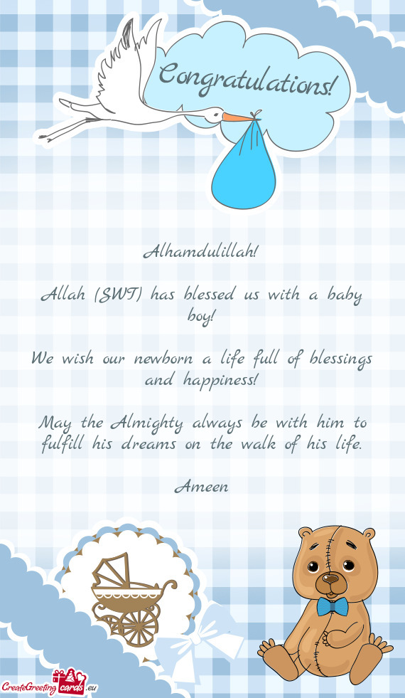 Alhamdulillah!
 
 Allah (SWT) has blessed us with a baby boy!
 
 We wish our newborn a life full of