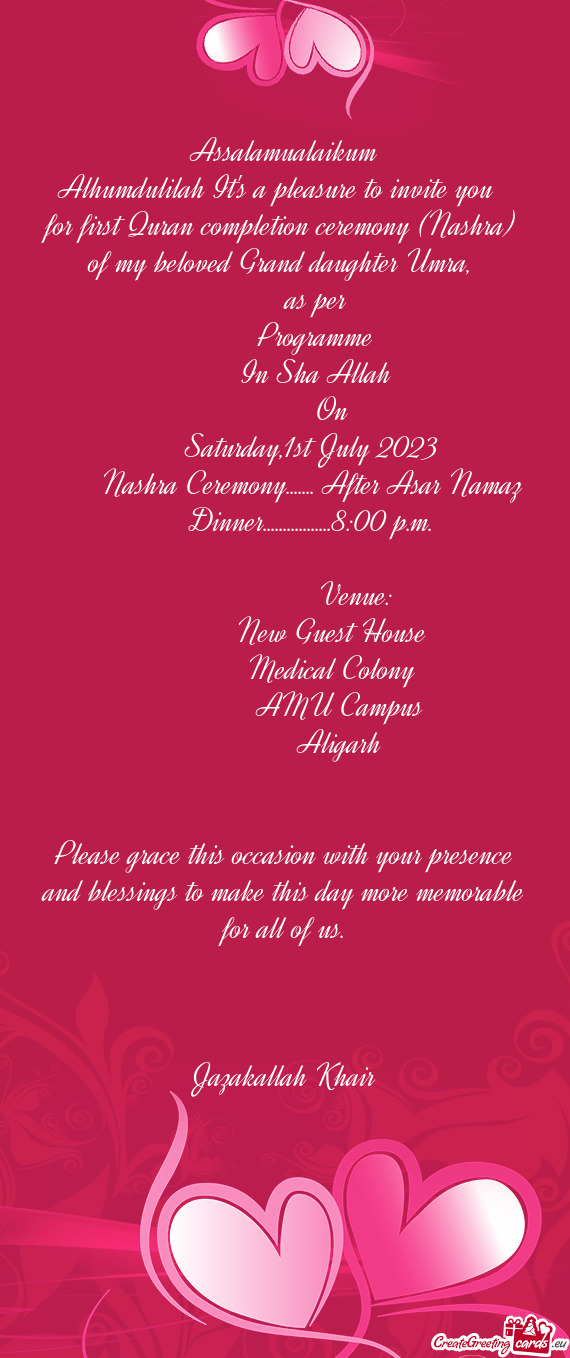 Alhumdulilah It's a pleasure to invite you