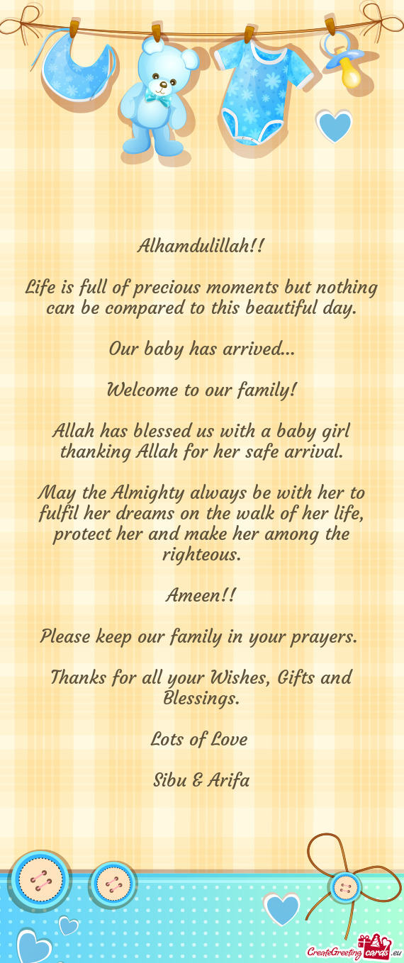 Allah has blessed us with a baby girl thanking Allah for her safe arrival