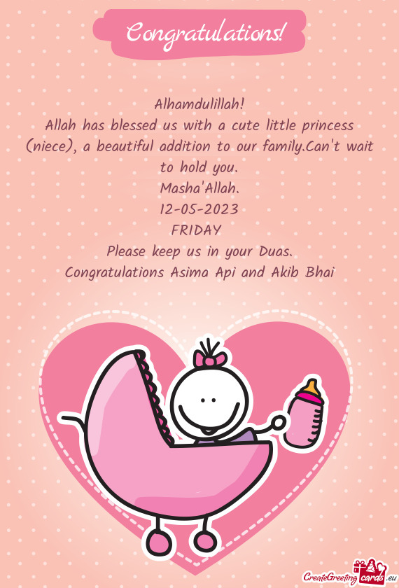 Allah has blessed us with a cute little princess (niece), a beautiful addition to our family.Can