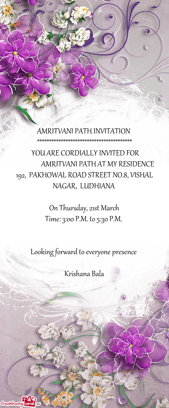 AMRITVANI PATH AT MY RESIDENCE 192, PAKHOWAL ROAD STREET NO.8, VISHAL NAGAR, LUD