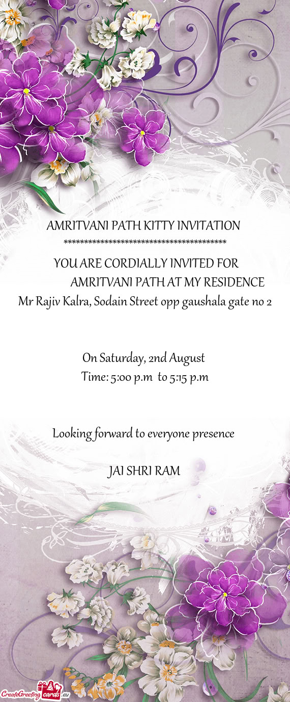 AMRITVANI PATH AT MY RESIDENCE Mr Rajiv Kalra, Sodain Street opp gaushala gate no