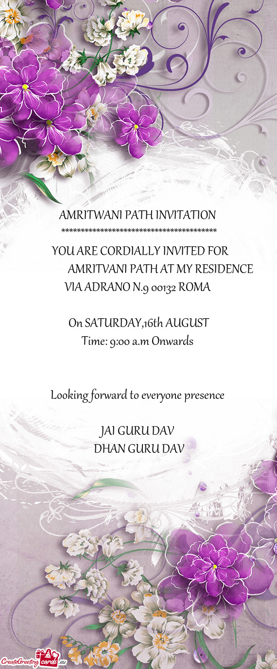 AMRITVANI PATH AT MY RESIDENCE VIA ADRANO N.9 00132 ROMA