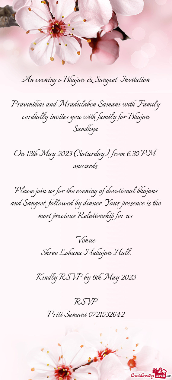 An evening o Bhajan & Sangeet Invitation