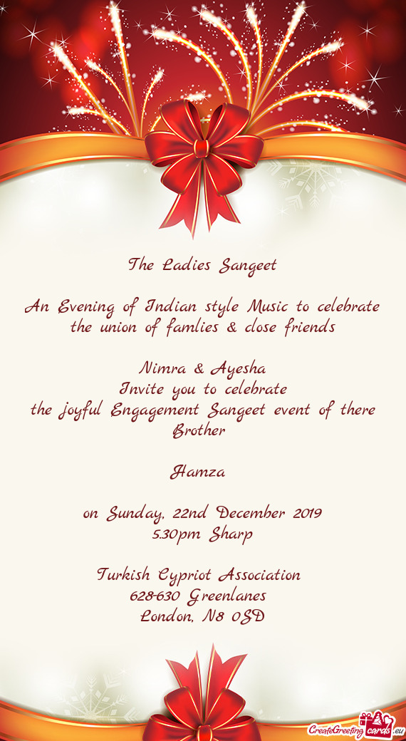 An Evening of Indian style Music to celebrate the union of famlies & close friends