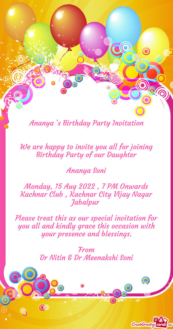 Ananya ‘s Birthday Party Invitation