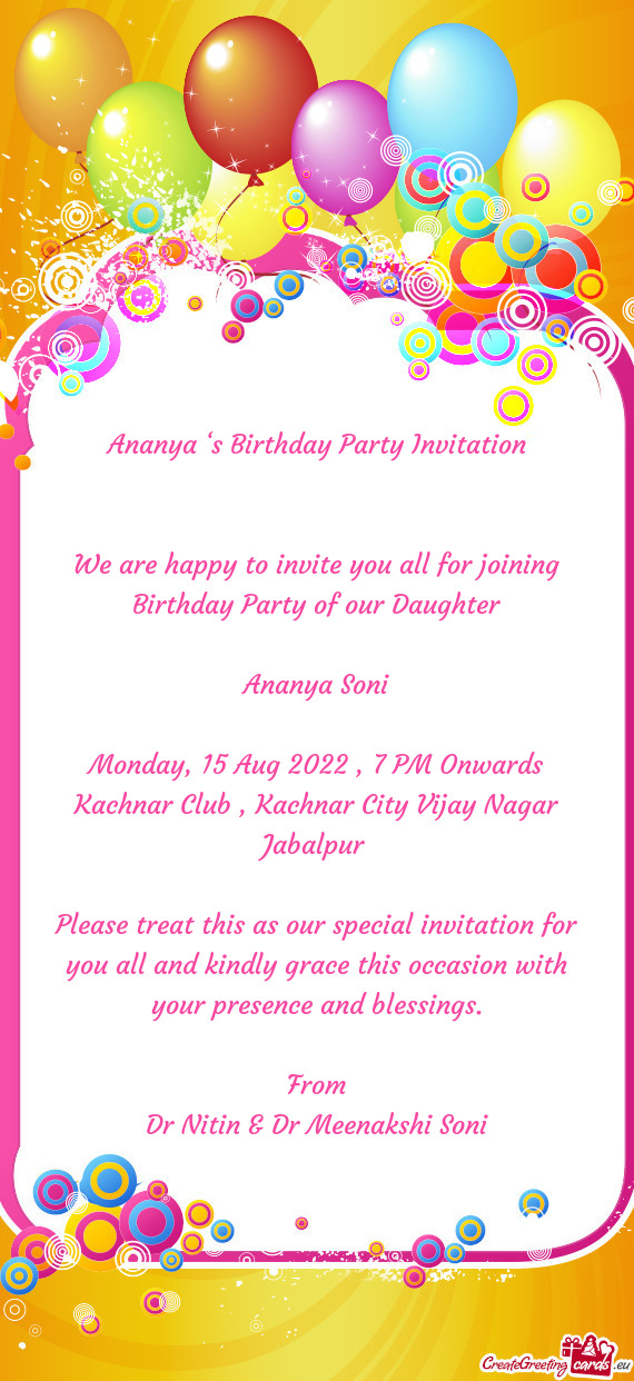 Ananya ‘s Birthday Party Invitation