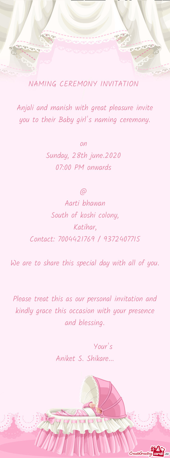 Anjali and manish with great pleasure invite you to their Baby girl