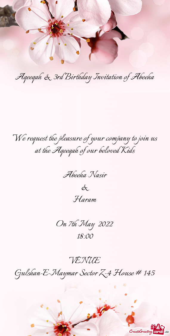 Aqeeqah & 3rd Birthday Invitation of Abeeha