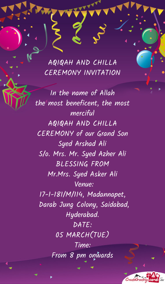 AQIQAH AND CHILLA CEREMONY INVITATION
