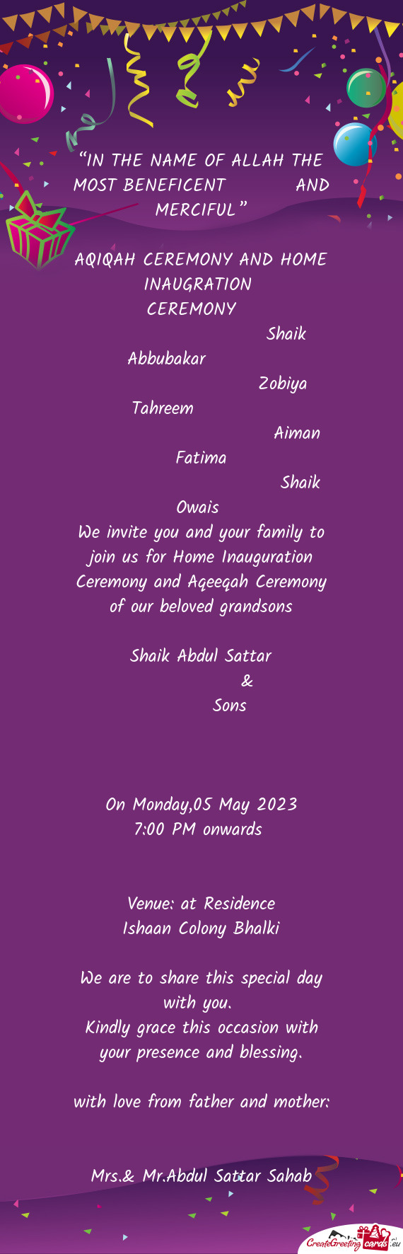 AQIQAH CEREMONY AND HOME INAUGRATION