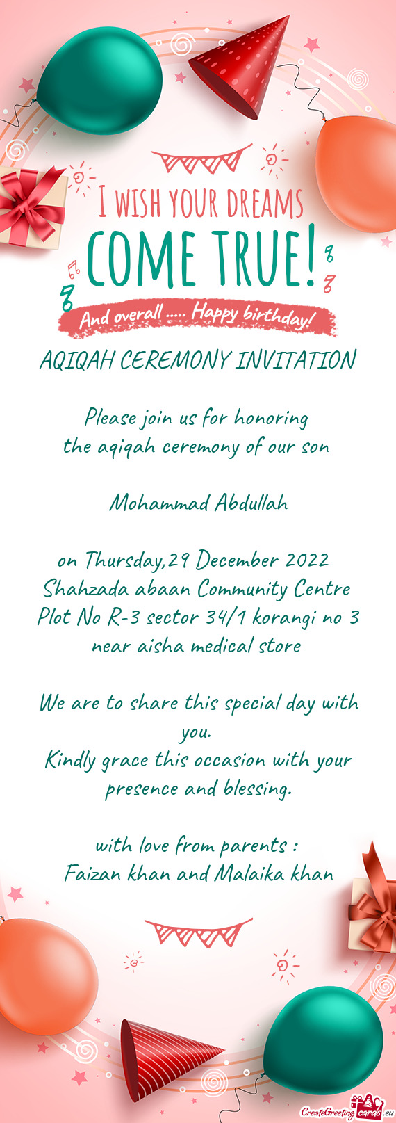 AQIQAH CEREMONY INVITATION Please join us for honoring the aqiqah ceremony of our son  Moha